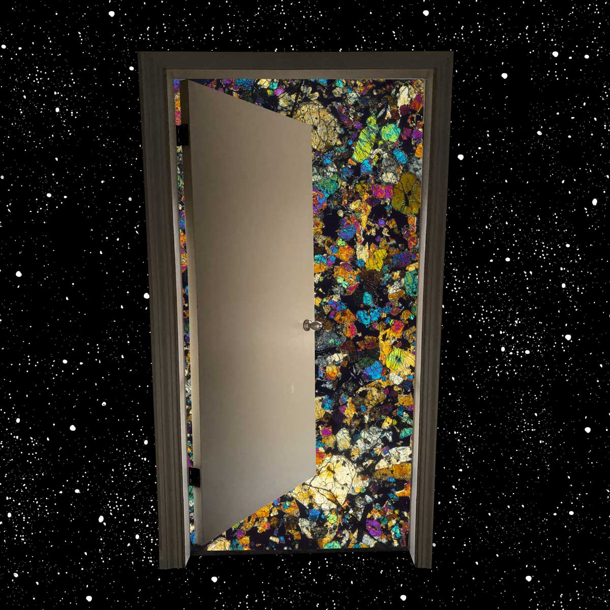 A half open door with colorful minerals behind it, set in a background of stars in space.