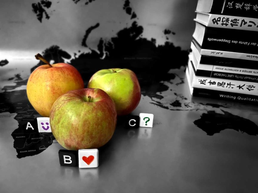 Unripe apples, letters ABC and icons (smile, heart, question) on a world map beside a stack of books in various languages