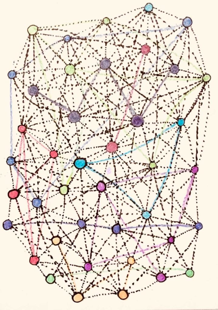 Illustration of a complex network with interconnected nodes of various colors linked by dotted lines on a light background.