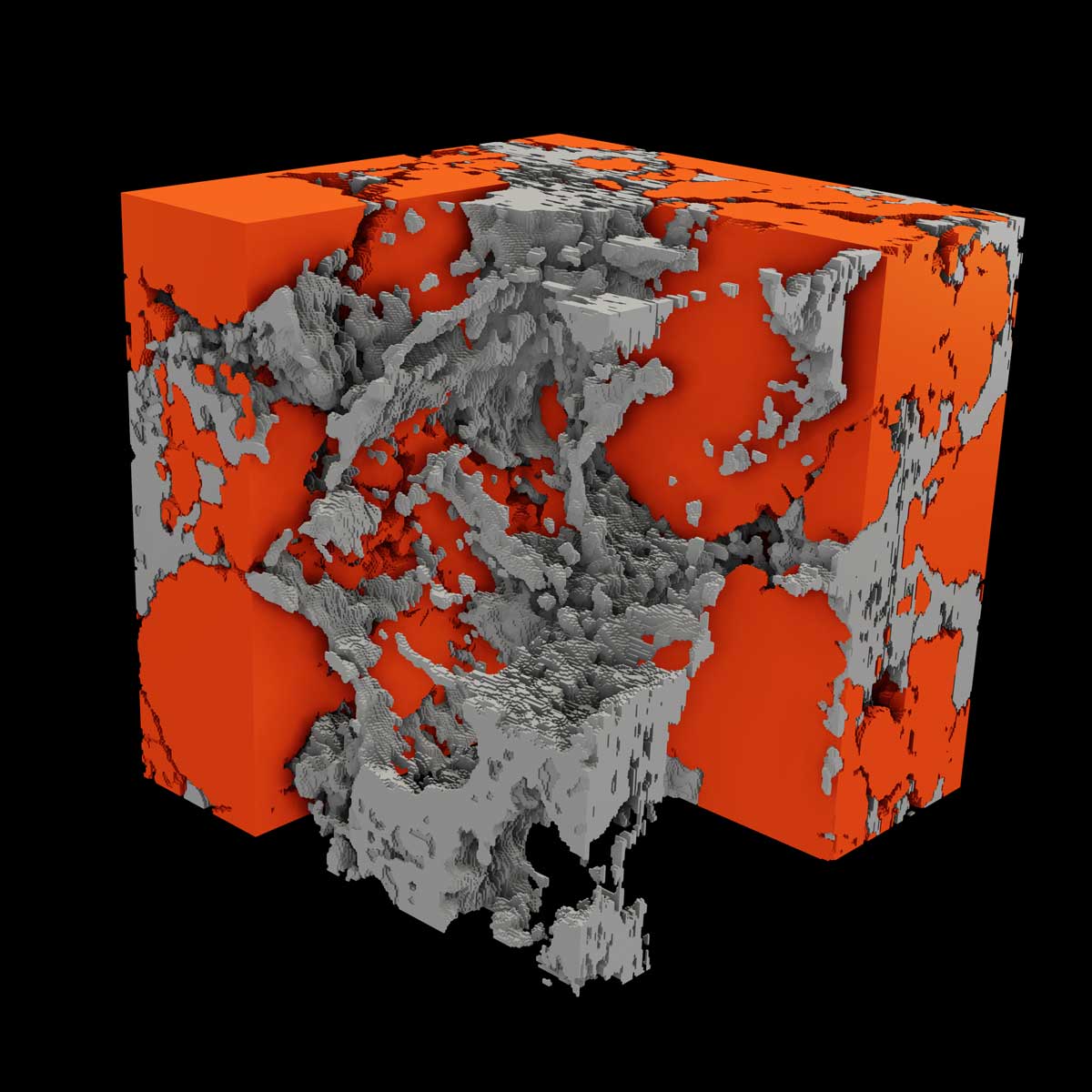 A three-dimensional rendering of a lithium-ion battery microstructure showing all cathode constituents.