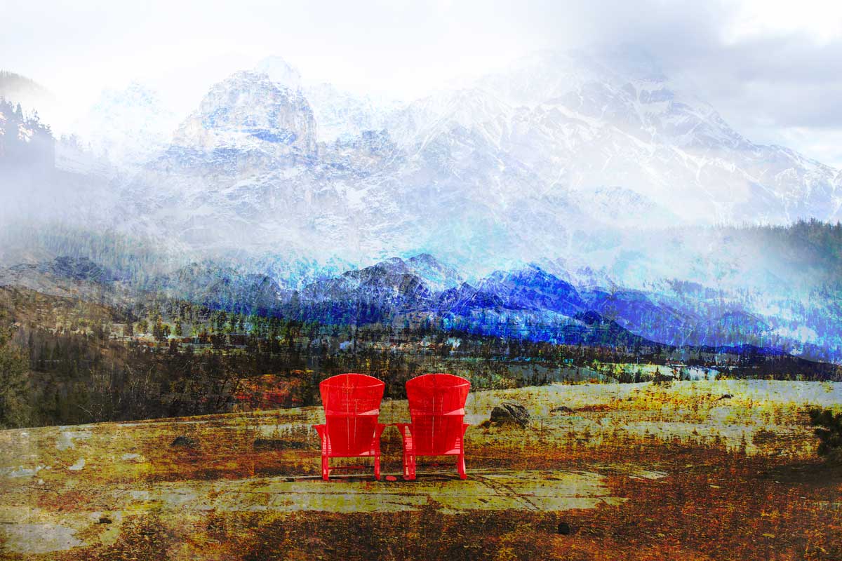 This image depicts layers of mountain photographs in the background and two Adirondack chairs in the foreground.