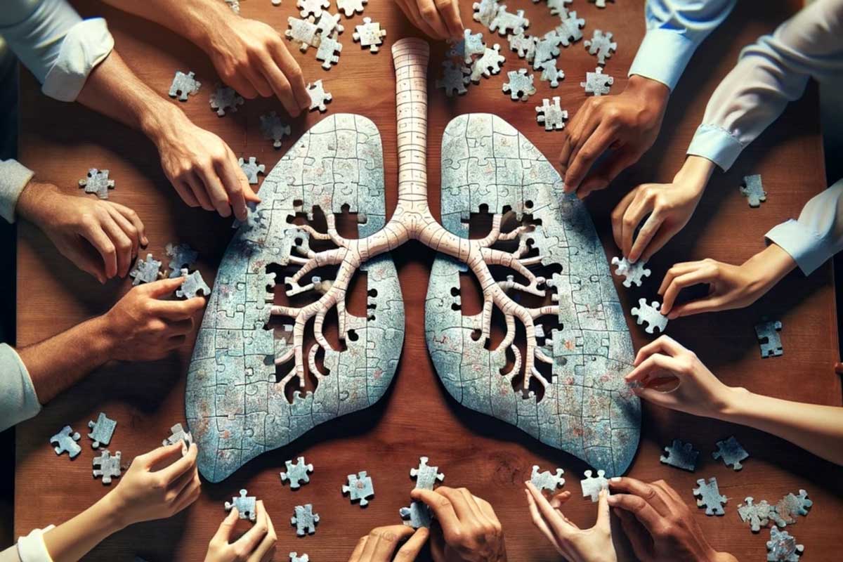 Puzzle pieces depicting lung health are put together by many collaborative hands.