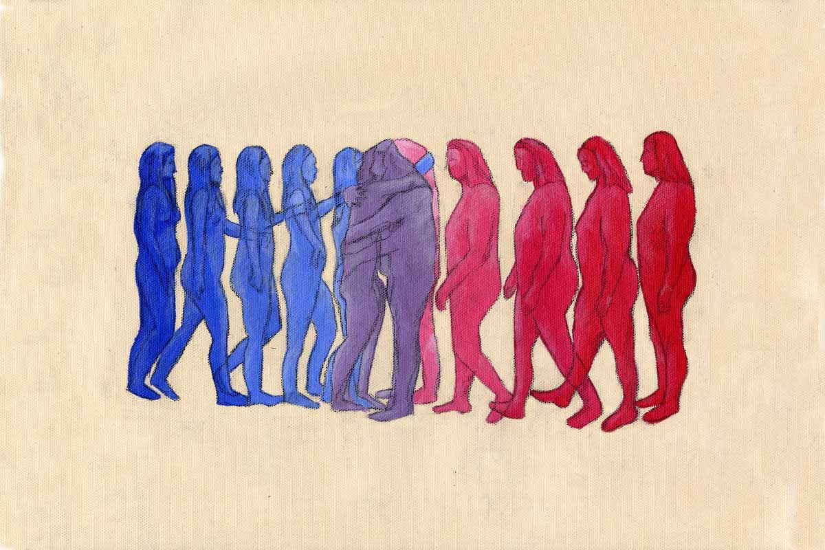 Two people walk toward each other painted from dark to light red or blue. When they hug, the silhouette is purple.