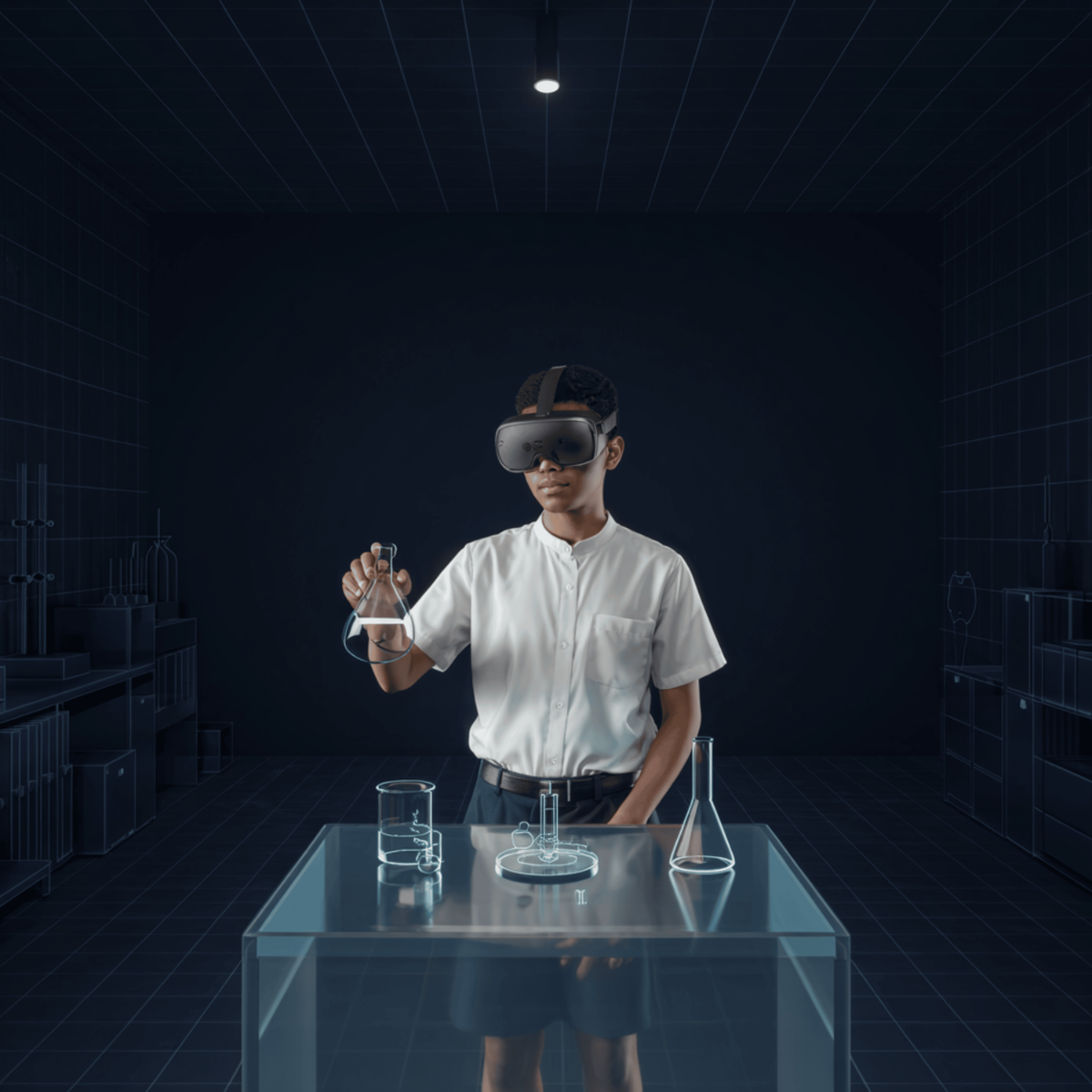 A black secondary school student in VR headset using virtual chemistry tools in a simple digital lab environment.
