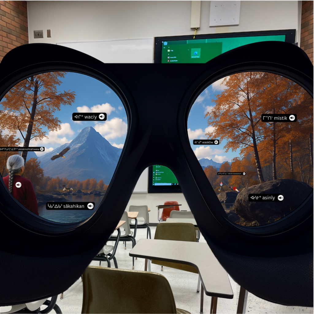 VR view from a classroom shows an Elder and nature labeled in Cree, symbolizing immersive Indigenous language learning.