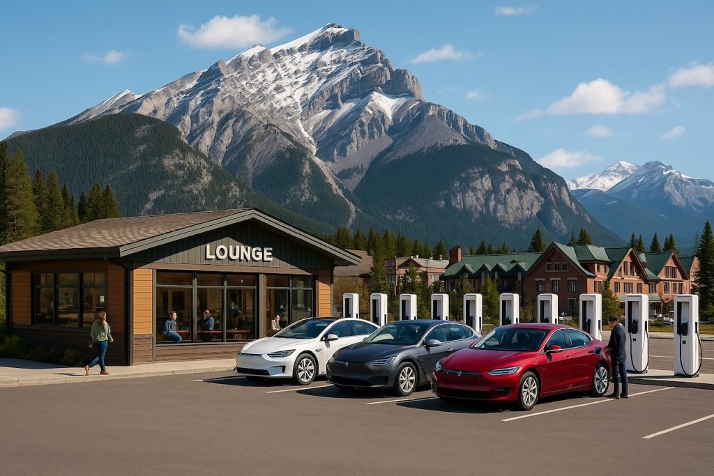 Electric vehicle charging hub with cars and a lounge, set against Banff’s Rocky Mountains and town buildings.