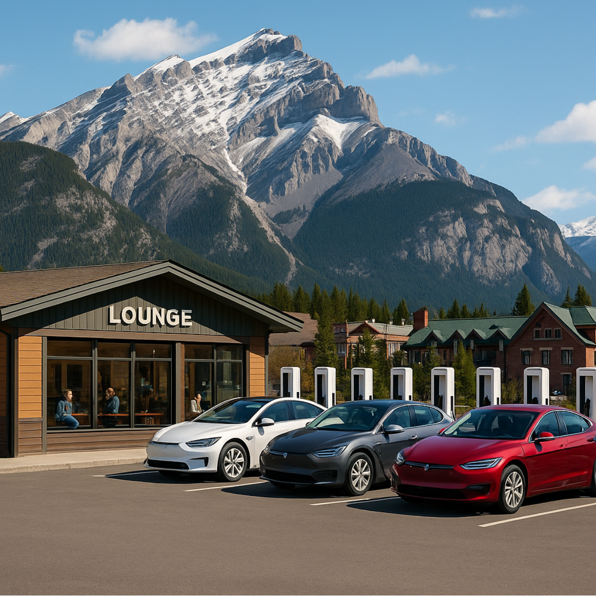 Electric vehicle charging hub with cars and a lounge, set against Banff’s Rocky Mountains and town buildings.