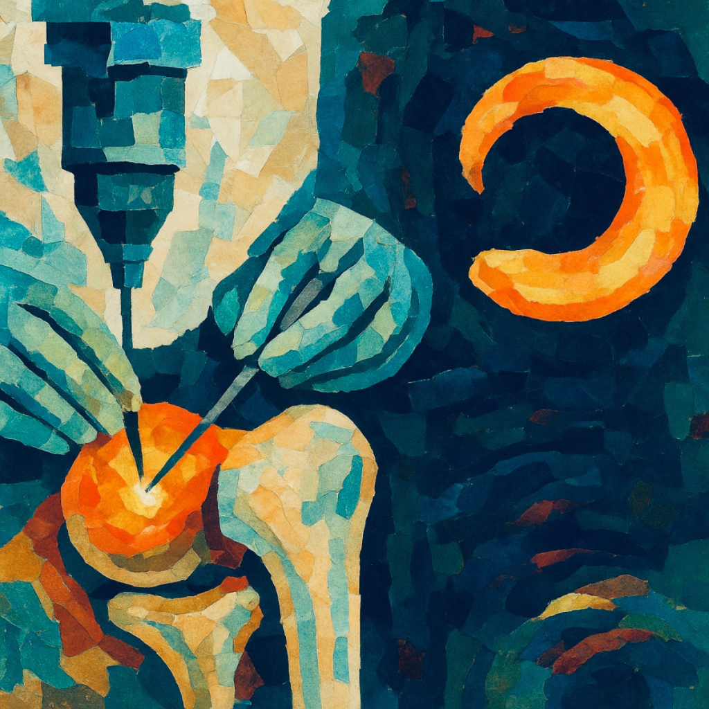 This image shows a surgeon working. The glowing crescent represents the meniscus and the promise of helping the body heal itself.