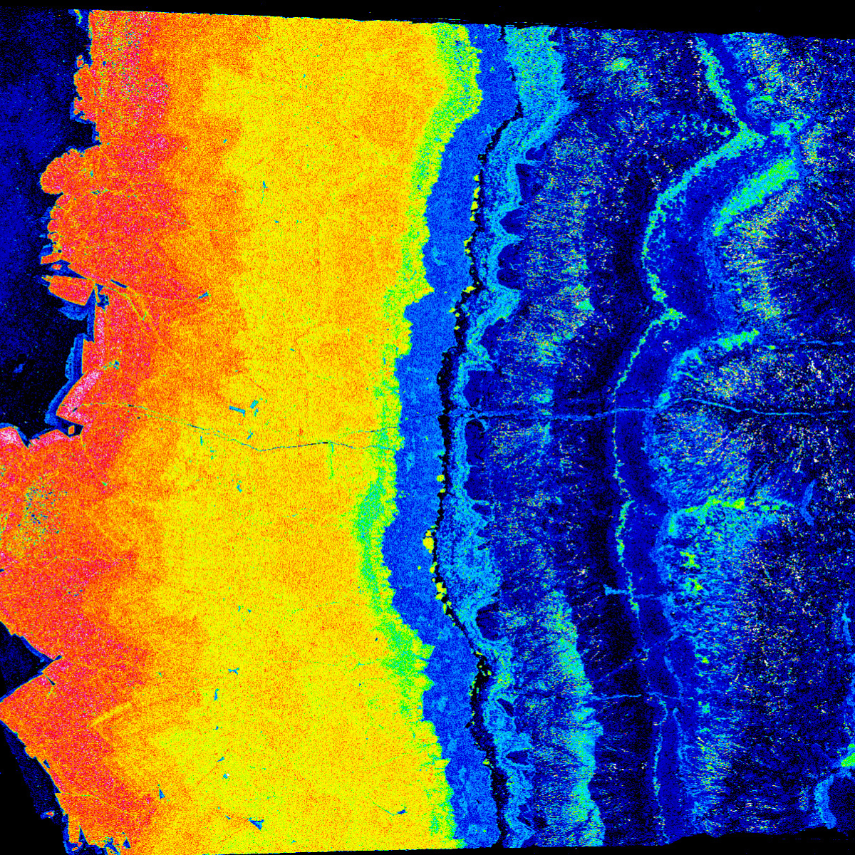 Relative intensity map of iron content in minerals, represented by a colour gradient from blue (low) to pink (high).