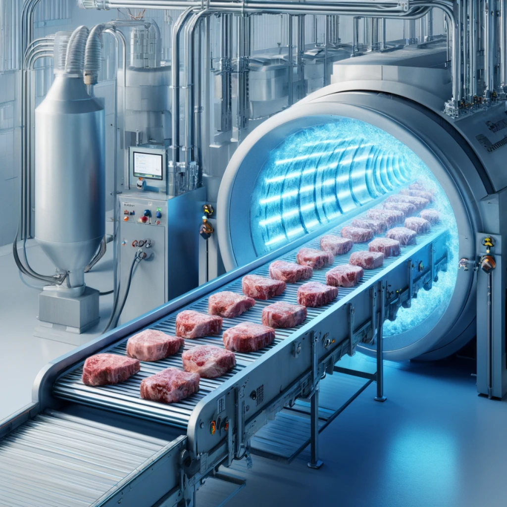 Raw primal cuts on a conveyor pass through a cold plasma tunnel in a food processing facility for surface sterilization.