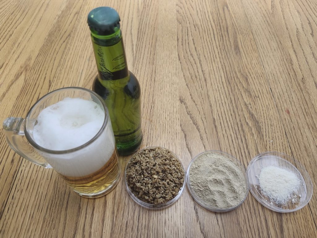 Fresh beer, wet brewer’s spent grain (BSG), dried BSG powder, and bioactive peptide-rich hydrolysate arranged side by side.