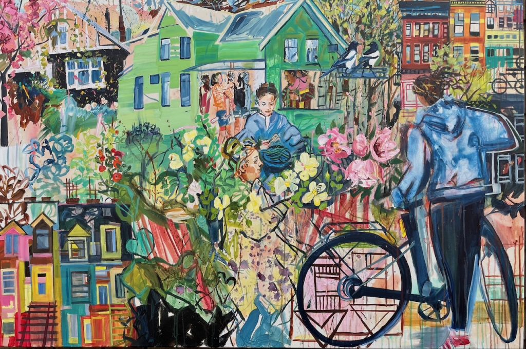 A colourful painting depicts neighbourhood houses and buildings with people gathering inside and in the front garden.