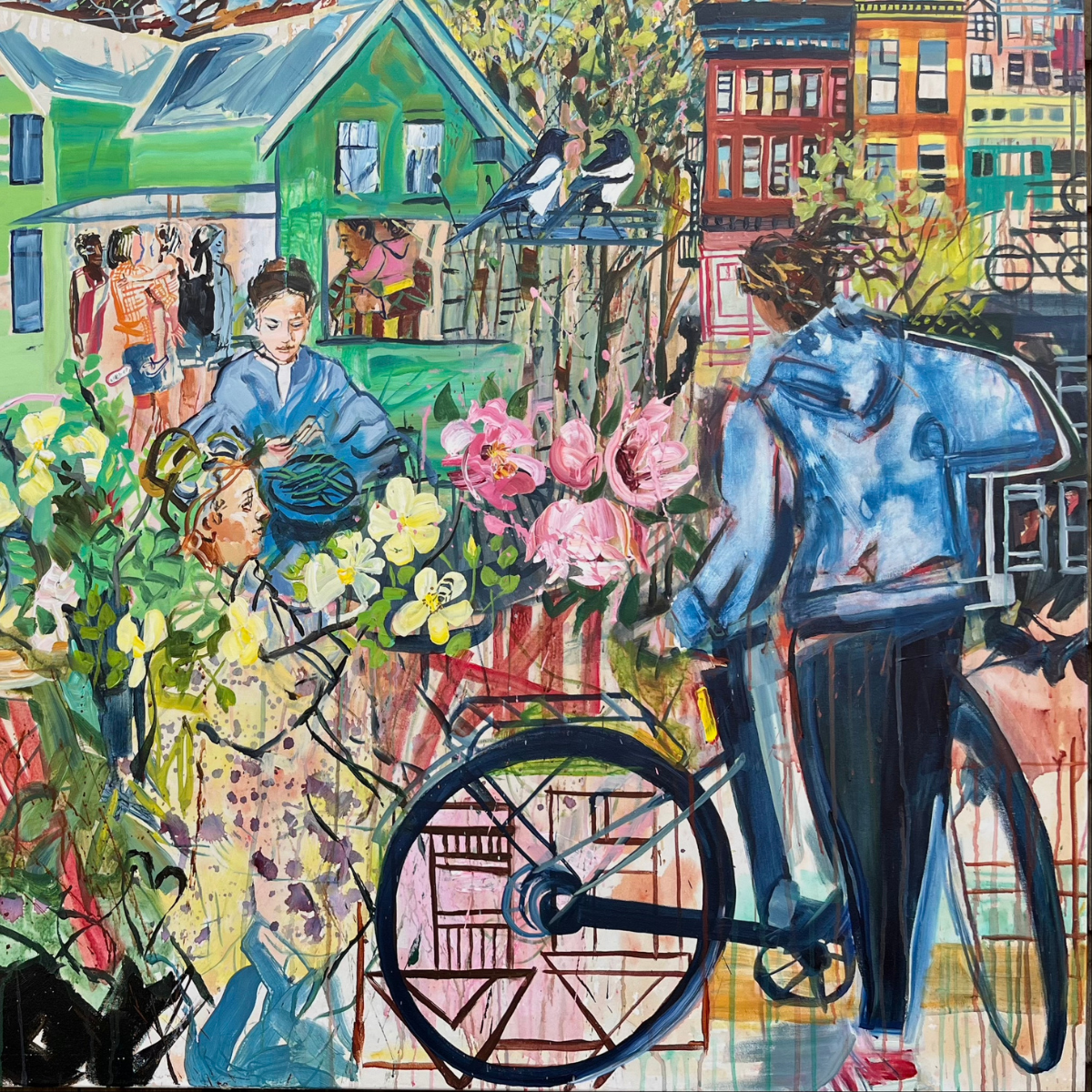 A colourful painting depicts neighbourhood houses and buildings with people gathering inside and in the front garden.