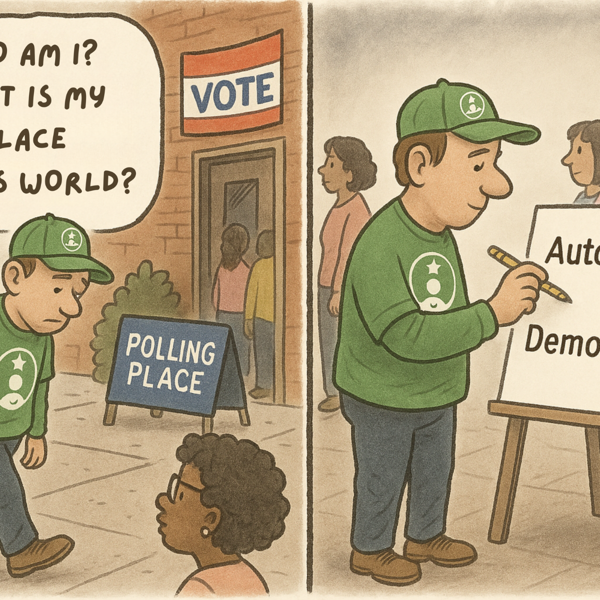 Cartoon of a person going to vote. A thought bubble reads “Who am I?” The choices on the ballot are autocracy or democracy.