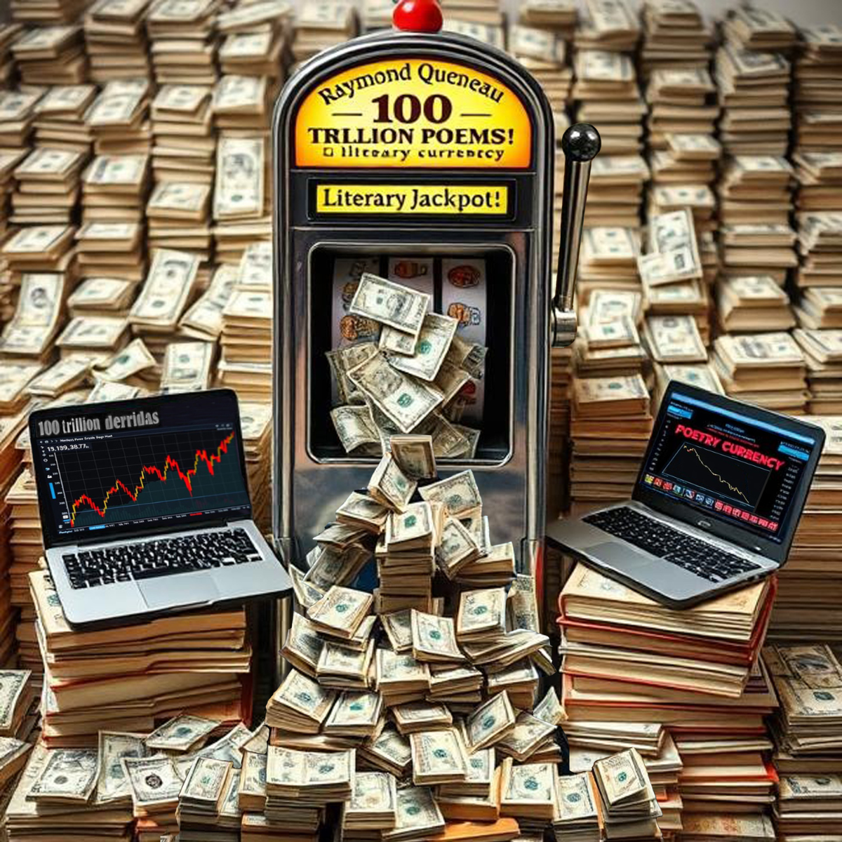 Cash from a ‘100 trillion poems’ slot machine falls into piles of books. Two laptops show stock market graphs for literary value.