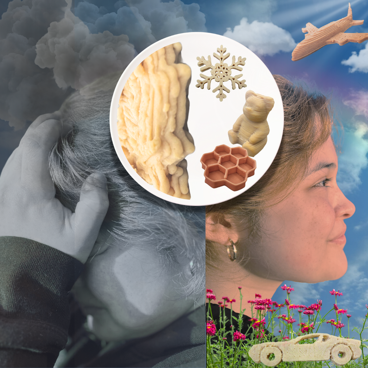 Gloomy vs. vibrant scene contrasts pureed and 3D printed food shapes on a plate, symbolizing hope for dysphagia diets.