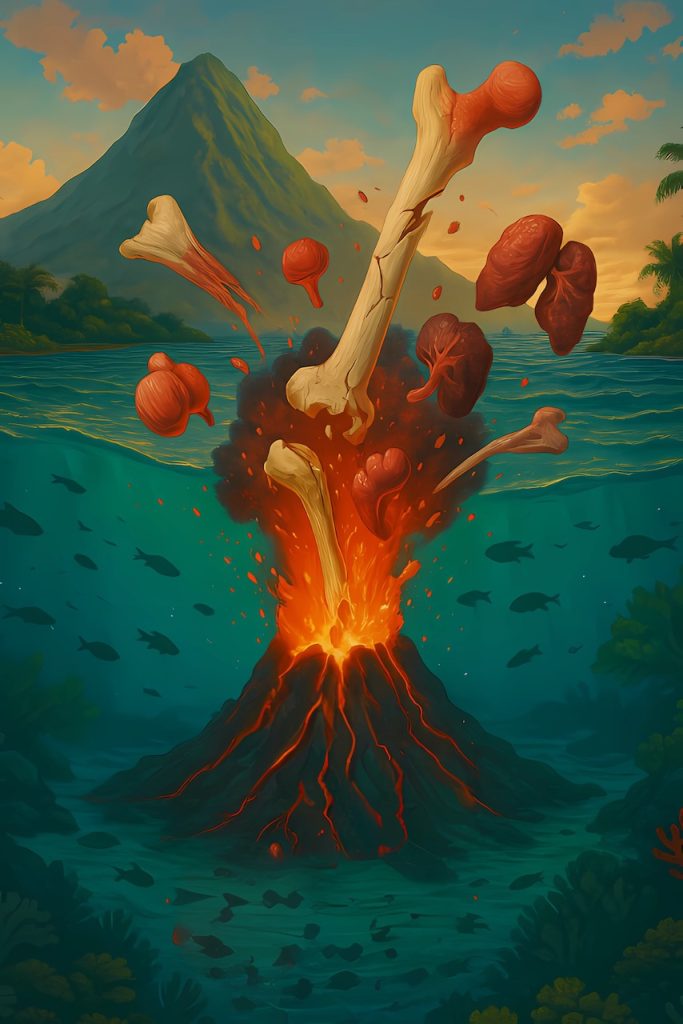 A beautiful landscape with sea, mountains, and plants above a disruptive volcanic eruption of fractured bones and immune chaos.