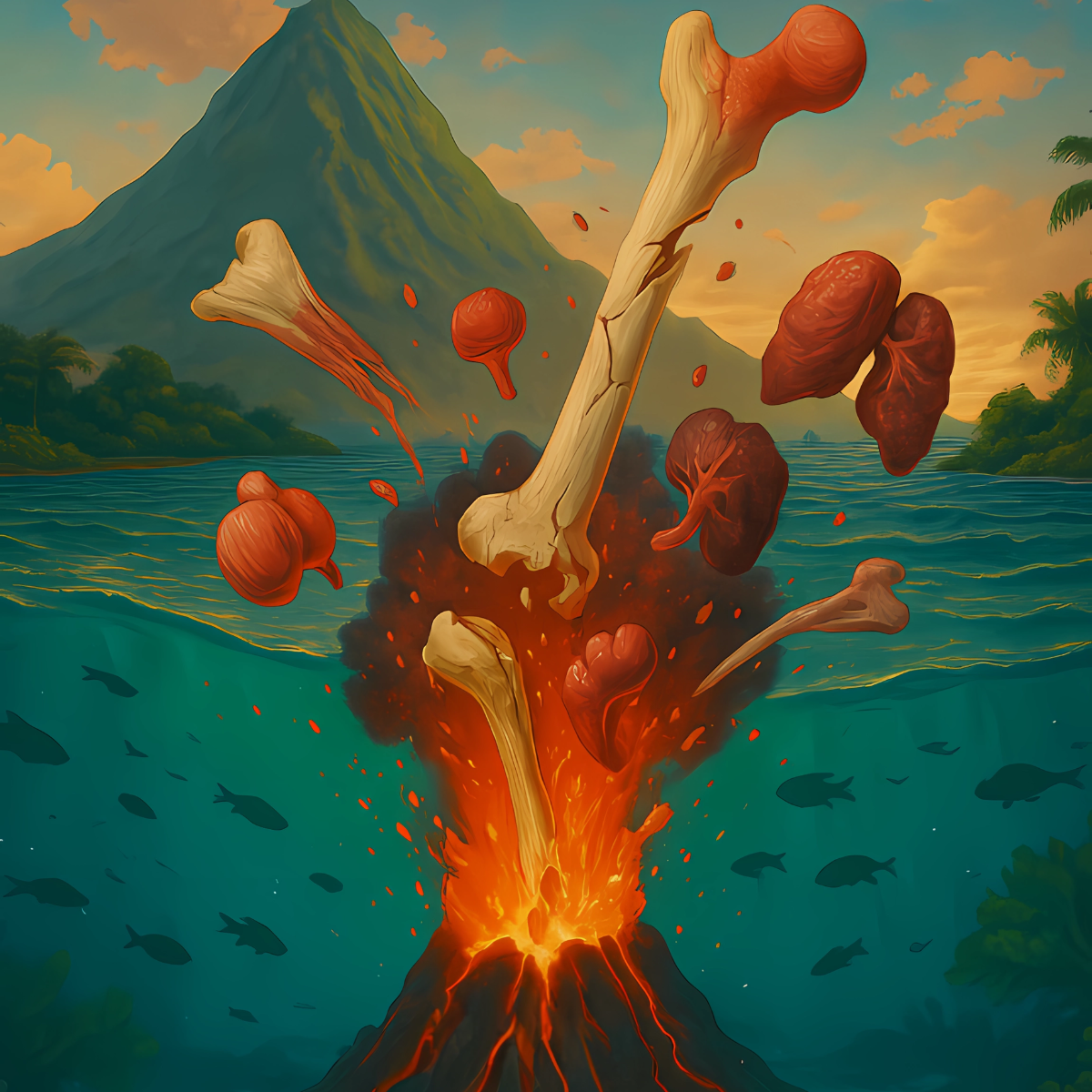 A beautiful landscape with sea, mountains, and plants above a disruptive volcanic eruption of fractured bones and immune chaos.