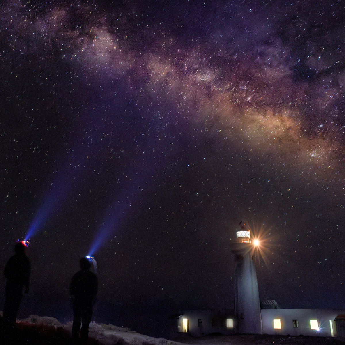 Two researchers stand before a lighthouse under a starry sky on a remote island, evoking solitude, connection, and climate ties.