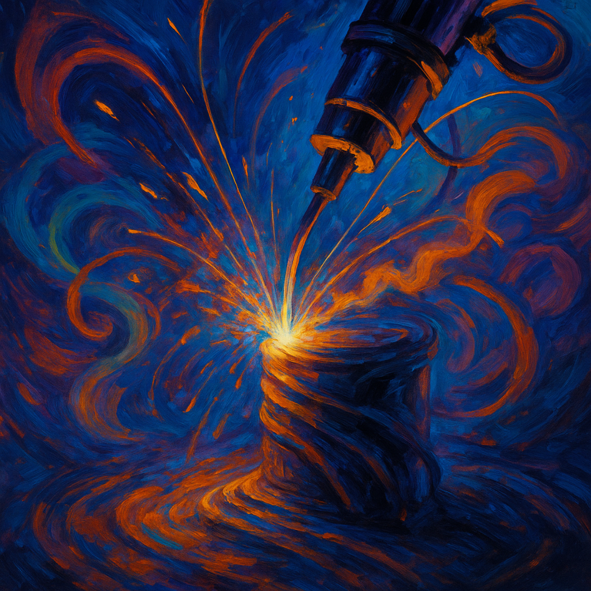 Swirling bands of molten metal and light intertwining, symbolizing the layered creation process of metal 3D printing.
