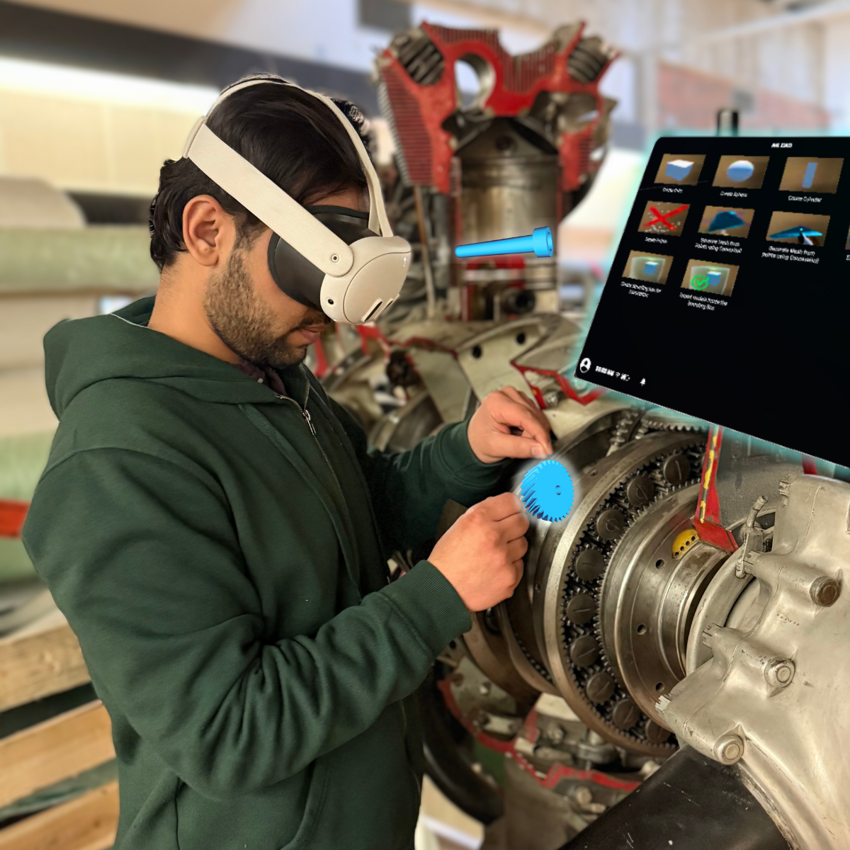 Engineer using a Meta Quest 3 headset to overlay a virtual CAD model onto a real jet engine with an AR interface visible.
