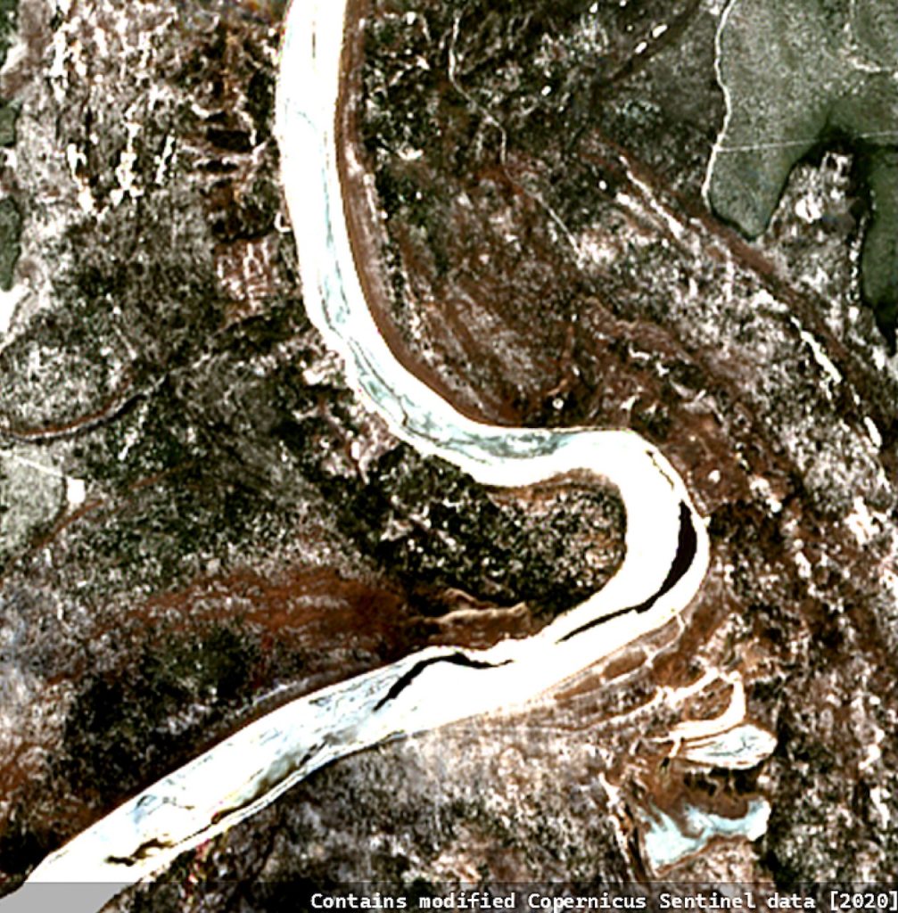 Satellite image of a meandering ice-covered river, cutting through a thawing brown and green landscape.
