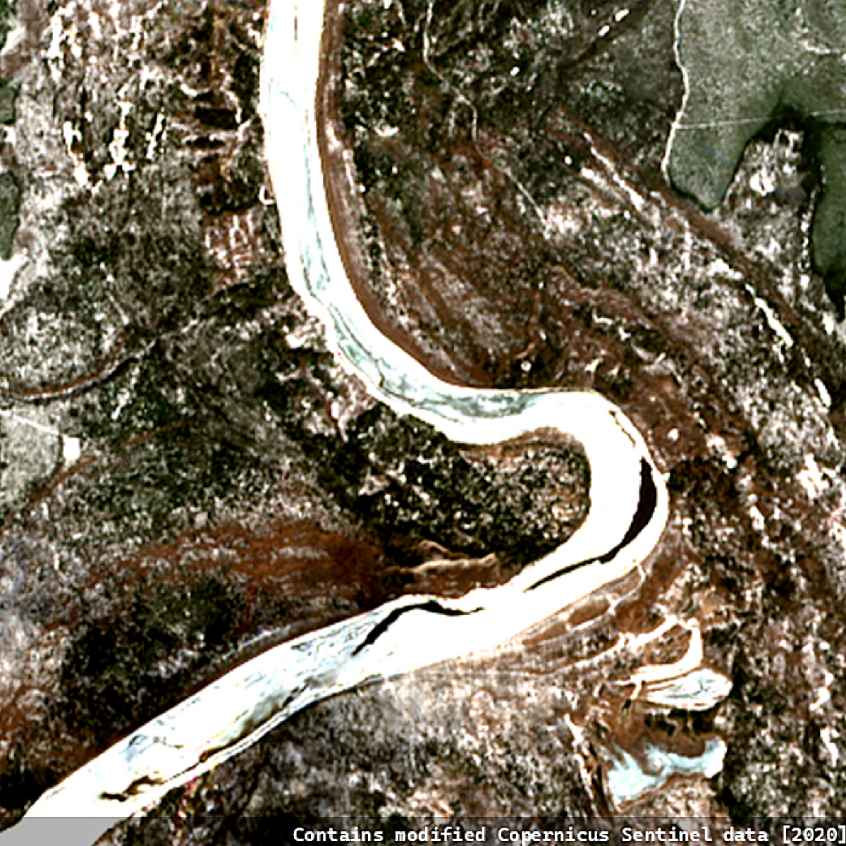 Satellite image of a meandering ice-covered river, cutting through a thawing brown and green landscape.
