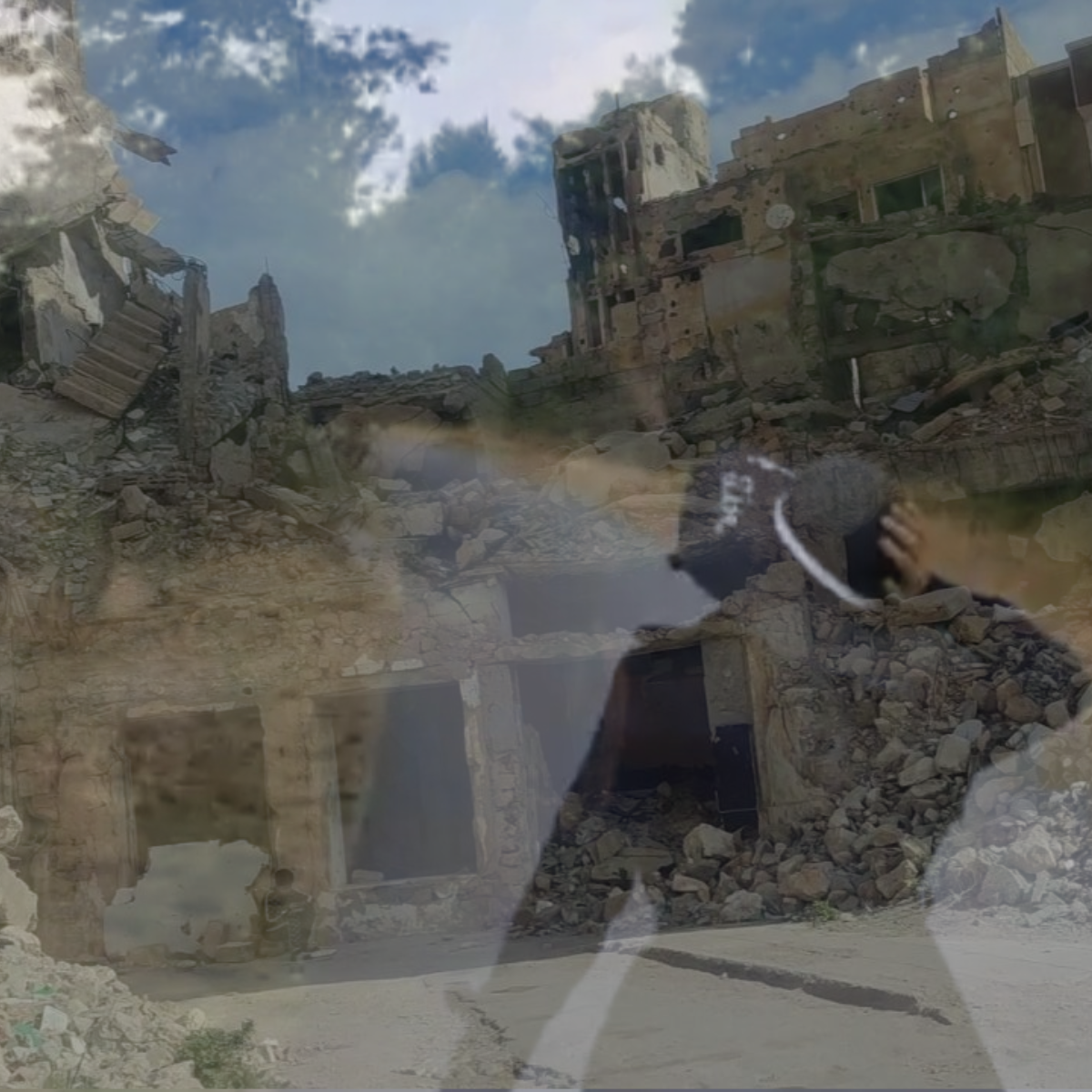 A veiled woman’s translucent figure overlays a bombed cityscape, capturing resilience and empowerment amid violent conflict.