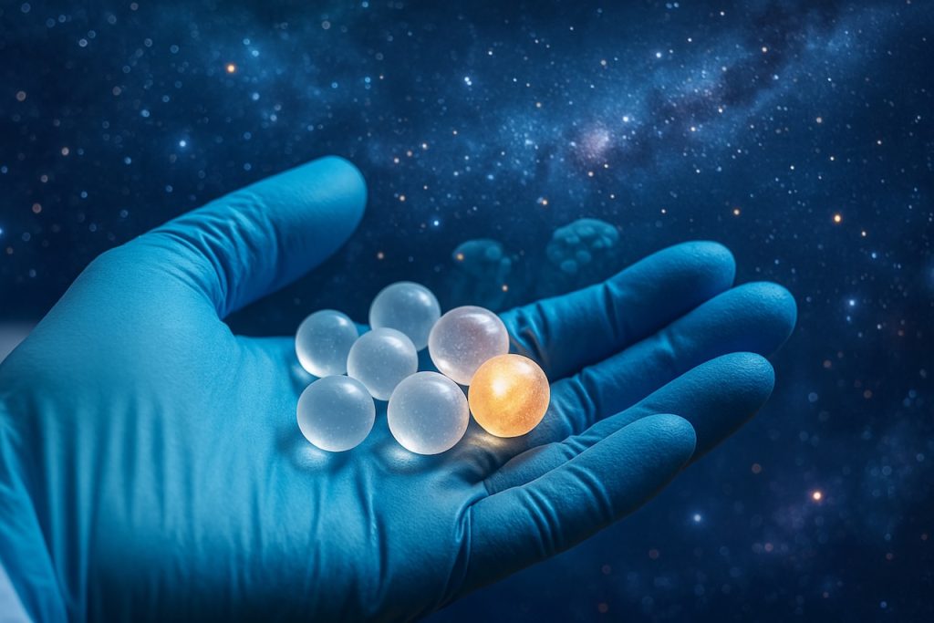 A gloved hand holds glowing microparticles against a cosmic background, symbolizing precision drug delivery in diabetes treatment.