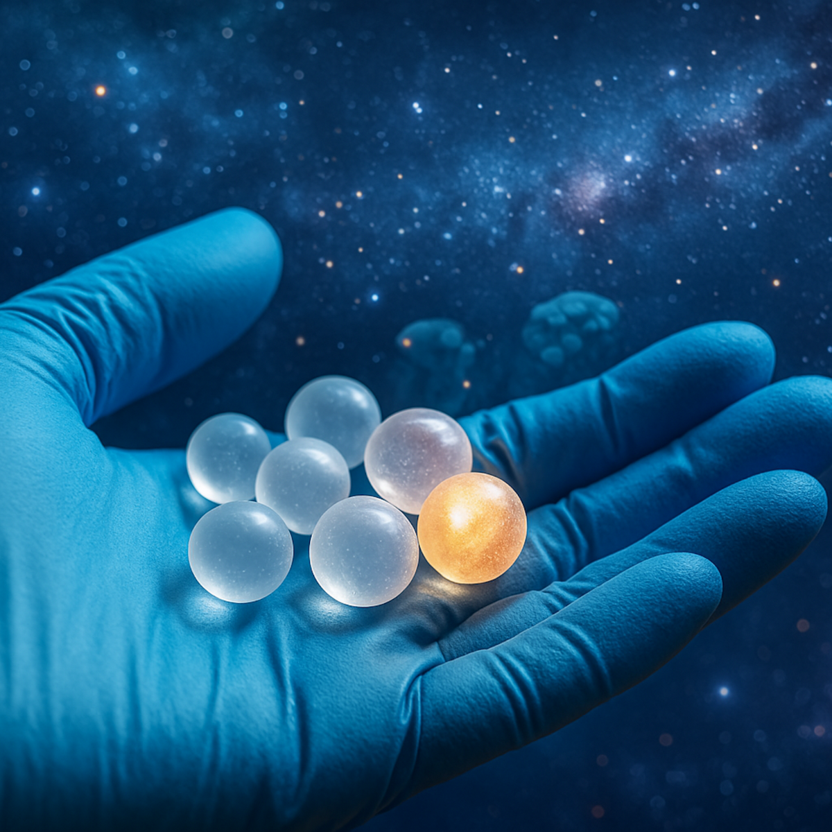 A gloved hand holds glowing microparticles against a cosmic background, symbolizing precision drug delivery in diabetes treatment.