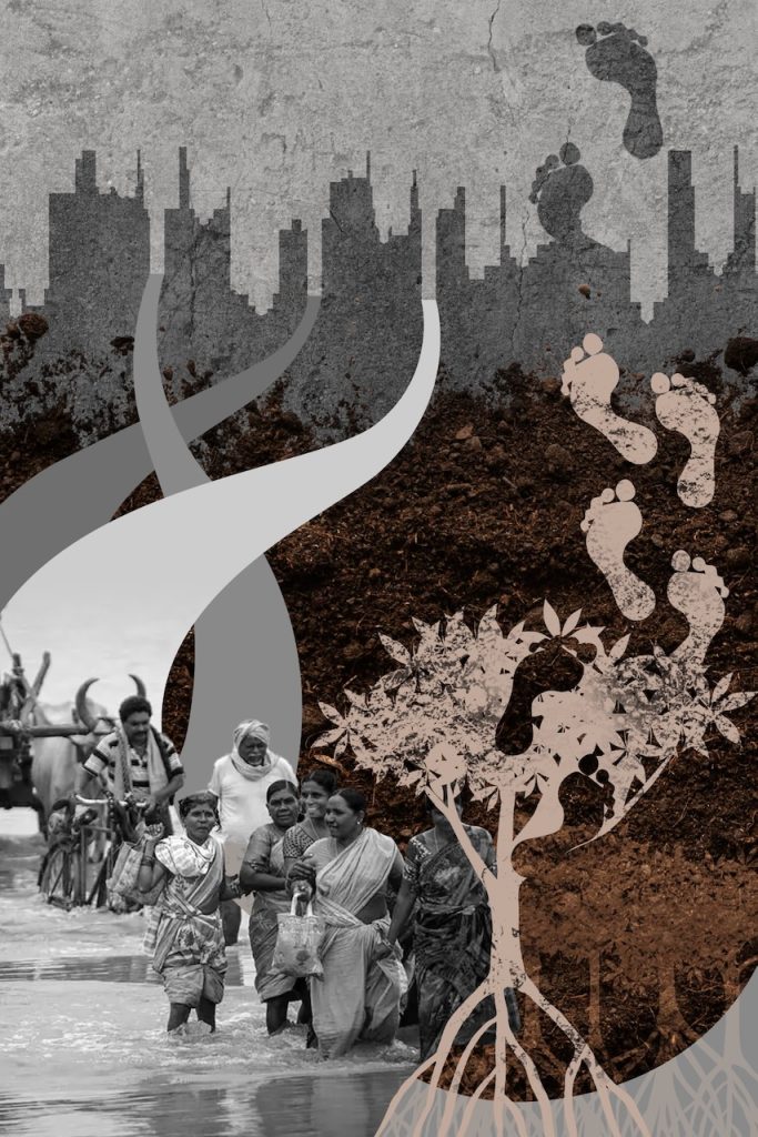 Illustration of climate disaster, mangroves, urban skyline, and footprints symbolizing climate-induced migration.