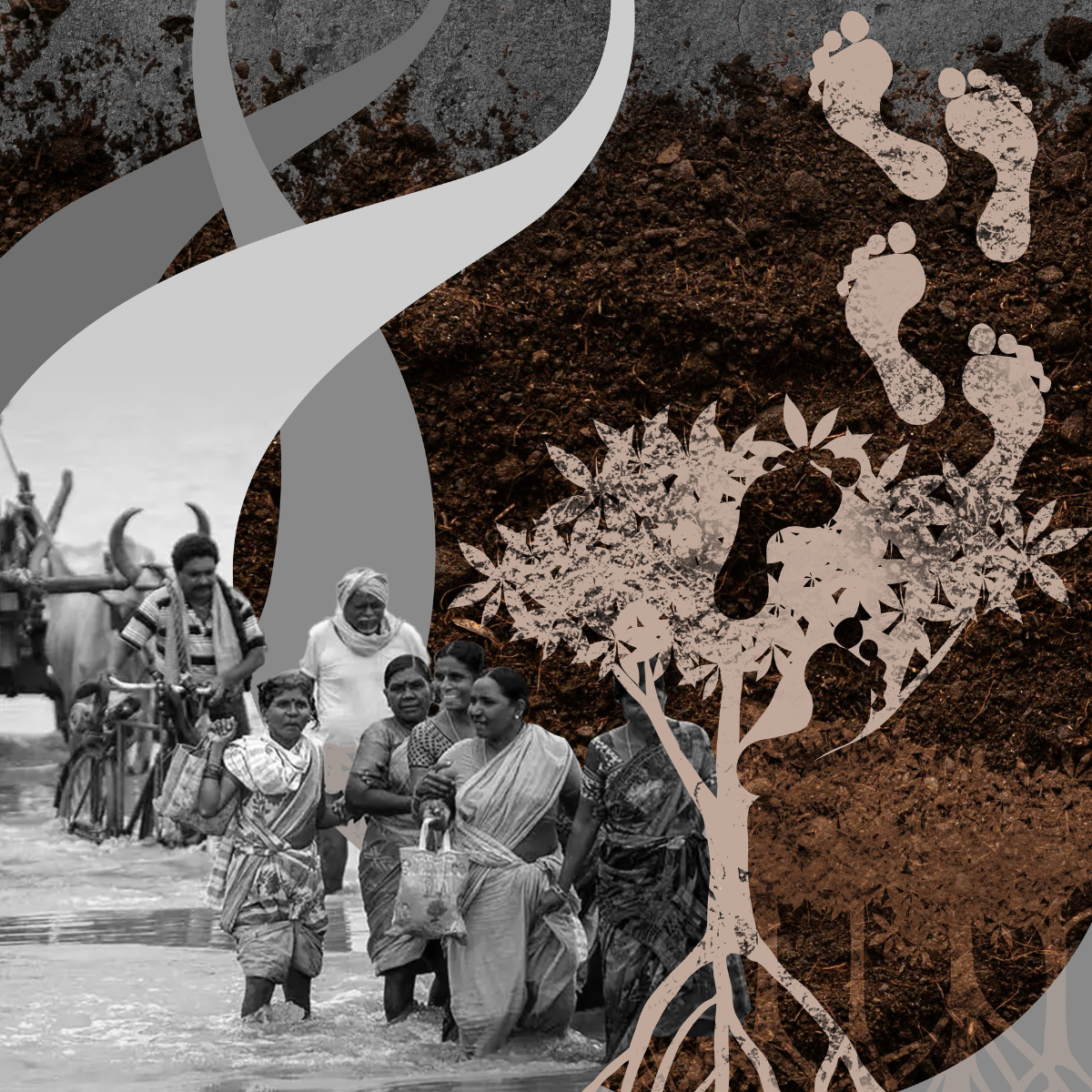 Illustration of climate disaster, mangroves, urban skyline, and footprints symbolizing climate-induced migration.