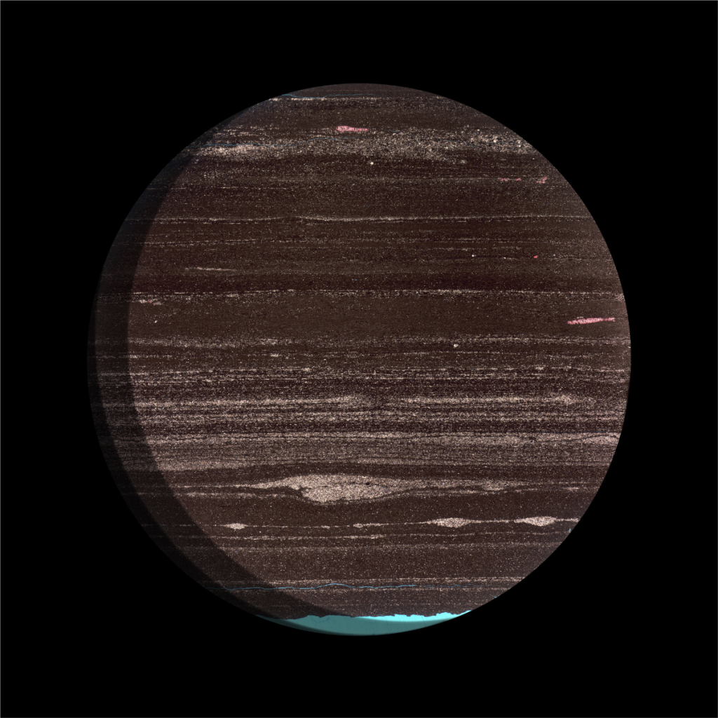 Microscopic image of a 100-million-year-old rock showing alternating sand and mud layers deformed by ancient minuscule worms.