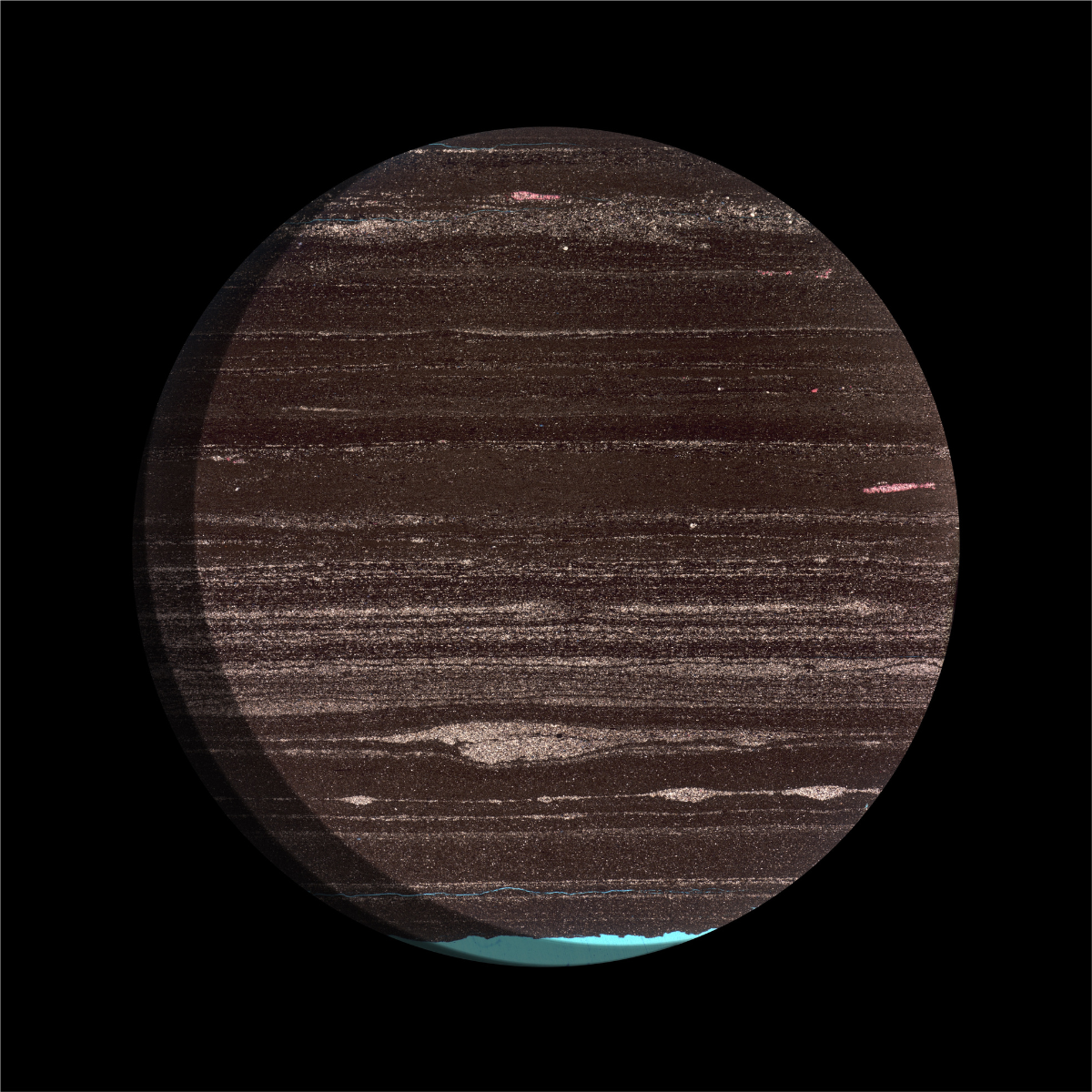 Microscopic image of a 100-million-year-old rock showing alternating sand and mud layers deformed by ancient minuscule worms.