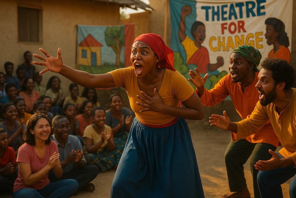 Actors perform in an outdoor community theatre, engaging a seated rural audience in a participatory drama.