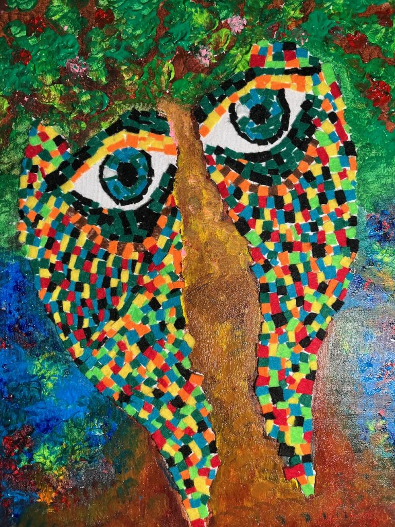 Mixed media painting of a face split into two with a tree replacing the mouth, nose, and forehead.