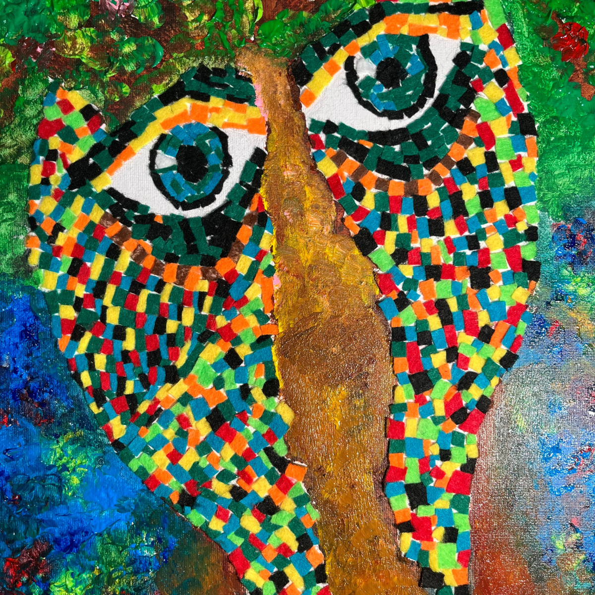 Mixed media painting of a face split into two with a tree replacing the mouth, nose, and forehead.