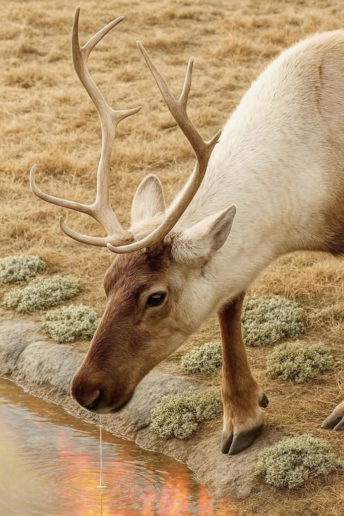 A caribou drinks at a pond with lichens and dry grass nearby, and a wildfire reflected in the water hints at climate change.