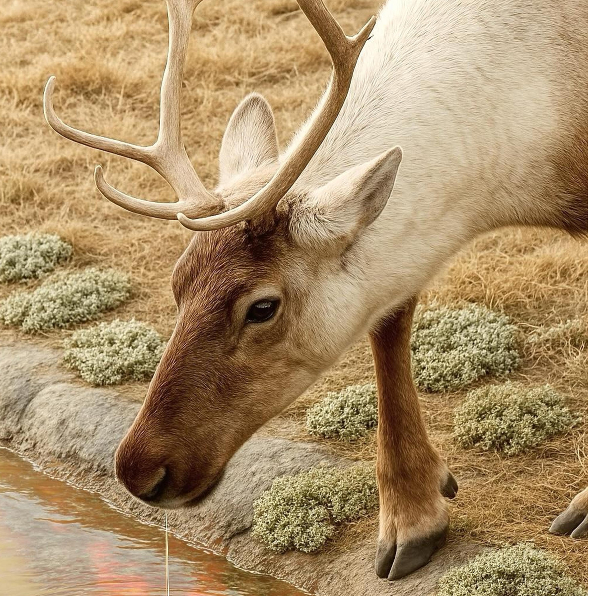 A caribou drinks at a pond with lichens and dry grass nearby, and a wildfire reflected in the water hints at climate change.