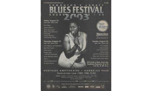 Cover of the 2003 Edmonton's Labatt Blues Festival program with a black and white image of a Black woman in a white dress singing into a microphone.