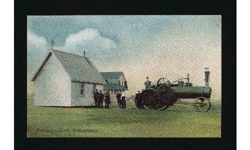 A group of men stand next to a tractor, near a white church. Text at the bottom reads 'Removing a Church, Saskatchewan.'