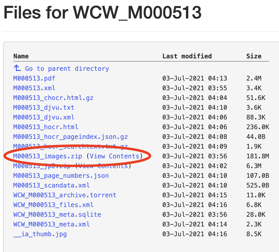Expanded download options menu. A black rectangle highlights the images.zip (View Contents) option. See information above.
