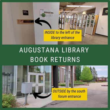 augustana book returns: INSIDE to the left of the library entrance, OUTSIDE by the south forum entrance