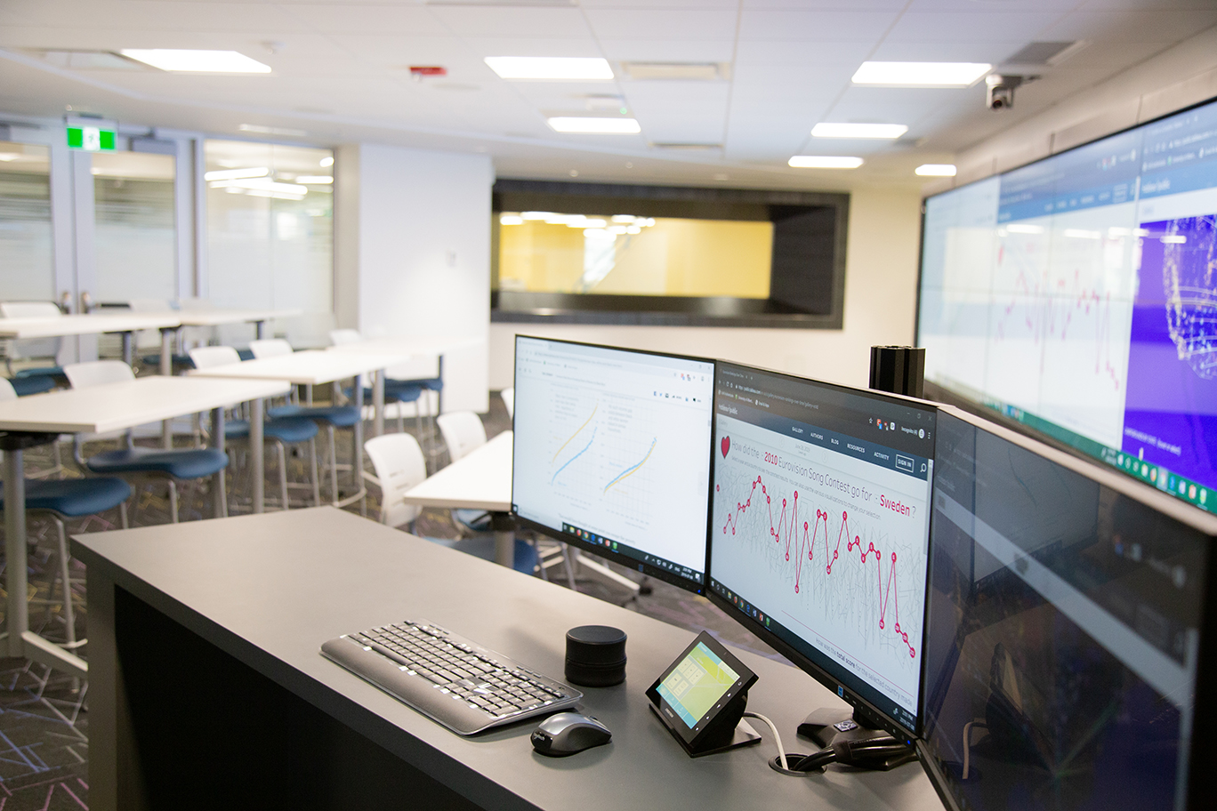 The DSC's visualization lab with three computer screens and three large display screens.