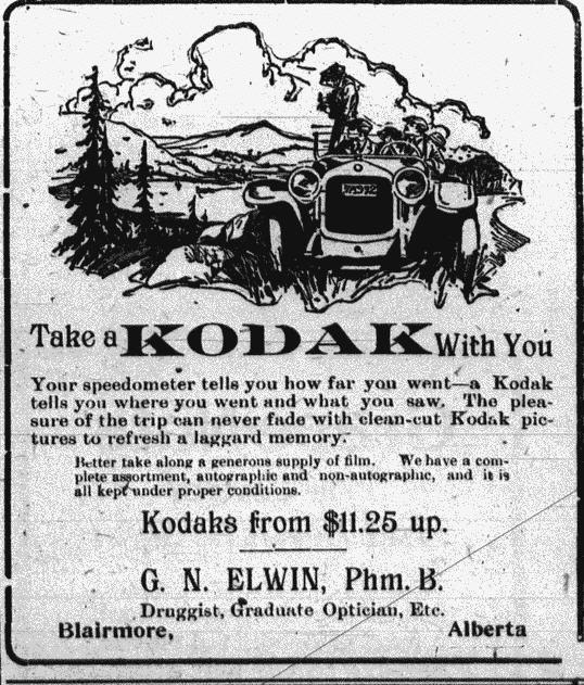 Ad associates portable cameras with tourism. From the Blairmore Enterprise, November 11, 1920